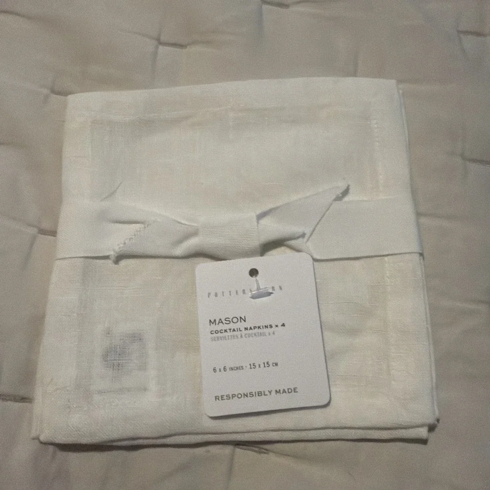 Pottery Barn Mason SET OF 4 Cocktail Napkins WHITE  6